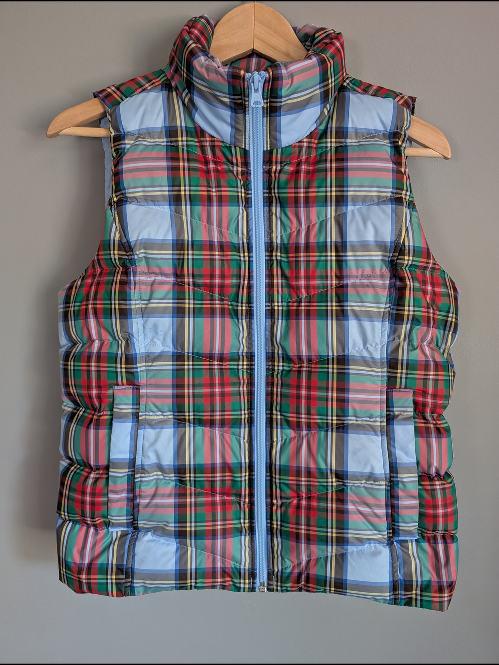 Lands' End Light Blue Quilted Vest with Multicolor Plaid Trim